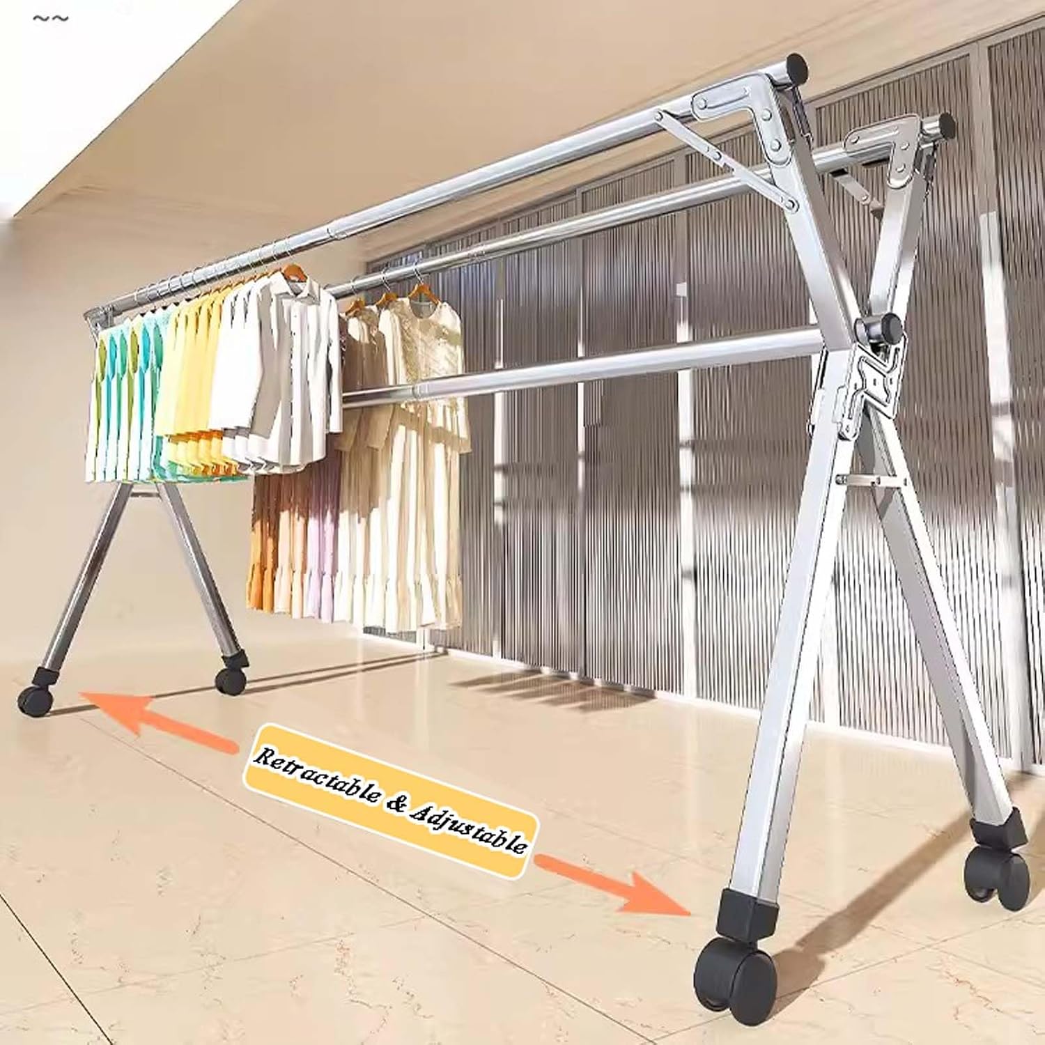 Clothes Drying Rack Foldable Indoor, Heavy Duty Outdoor Laundry Drying Rack, Space Saving Hanger Rack, Length Adjustable Garment Rack, Collapsible, for Clothes, Towels, Linens