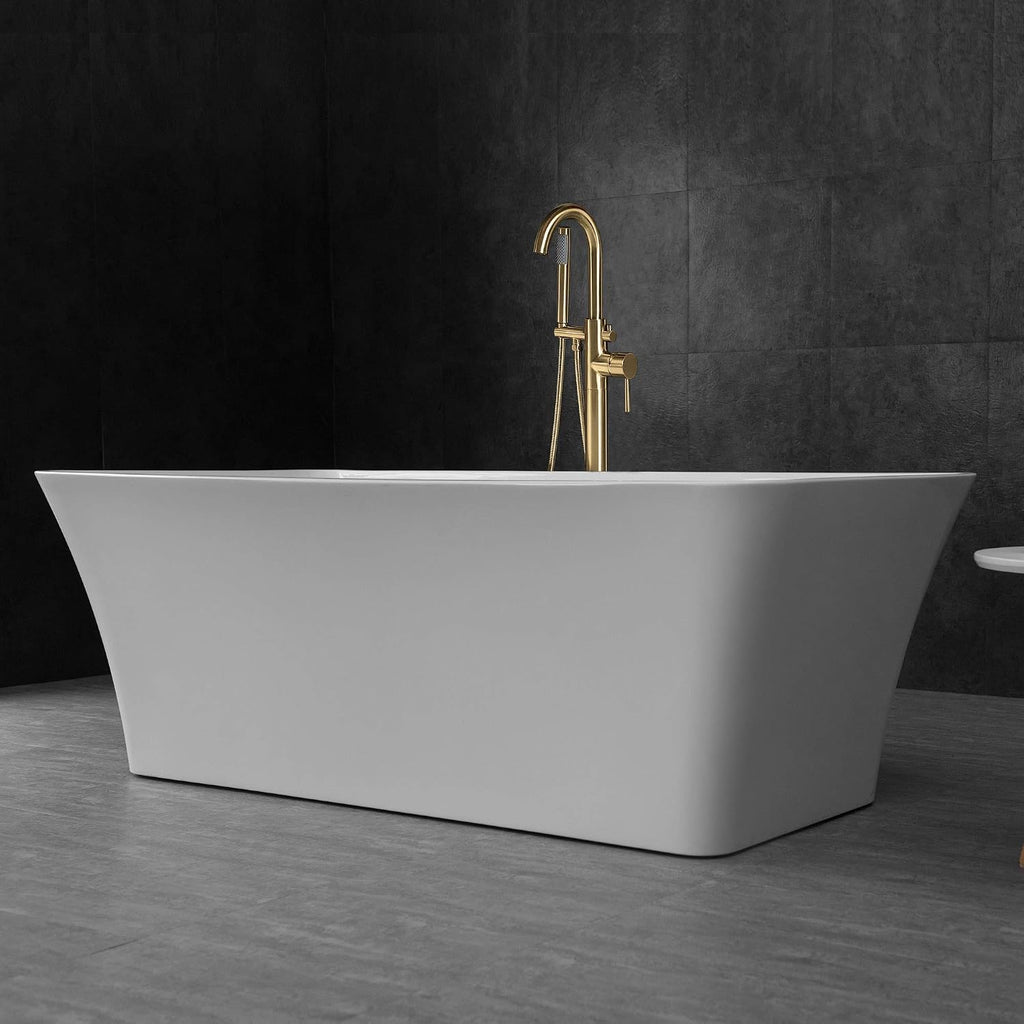WOODBRIDGE 67' Acrylic Freestanding Bathtub Contemporary Soaking Tub, White Acrylic (Brushed Gold Drain/Overflow), B0004 -G-Drain &O