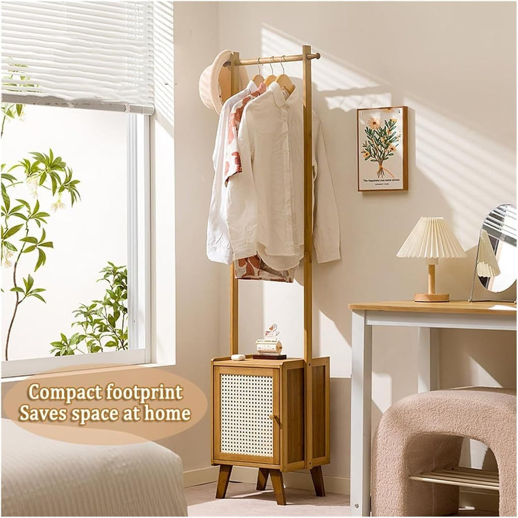 Bamboo Clothes Rack with Storage Basket - Freestanding Solid Wood Garment Rack for Bedroom, Living Room, and Hallway Organization(Tea Brown)