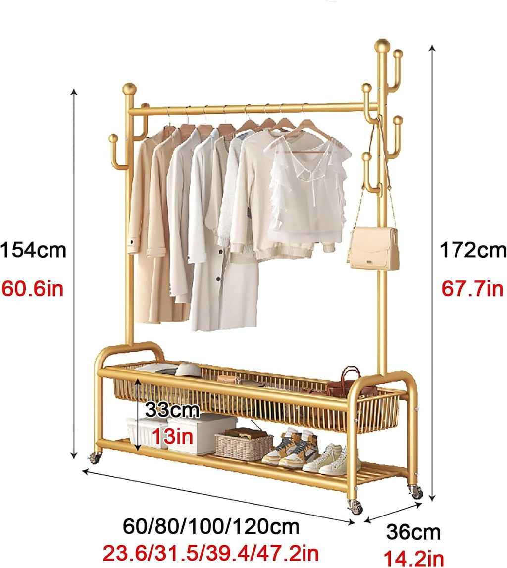 Heavy-Duty Clothes Rack With Wheels,Garment Rack With Storage Shelves And Coat/Hat Hooks,Hanging Racks For Clothes,Freestanding Rolling Clothing Organizer For Bedroom Storage(White,100cm(39.4in))