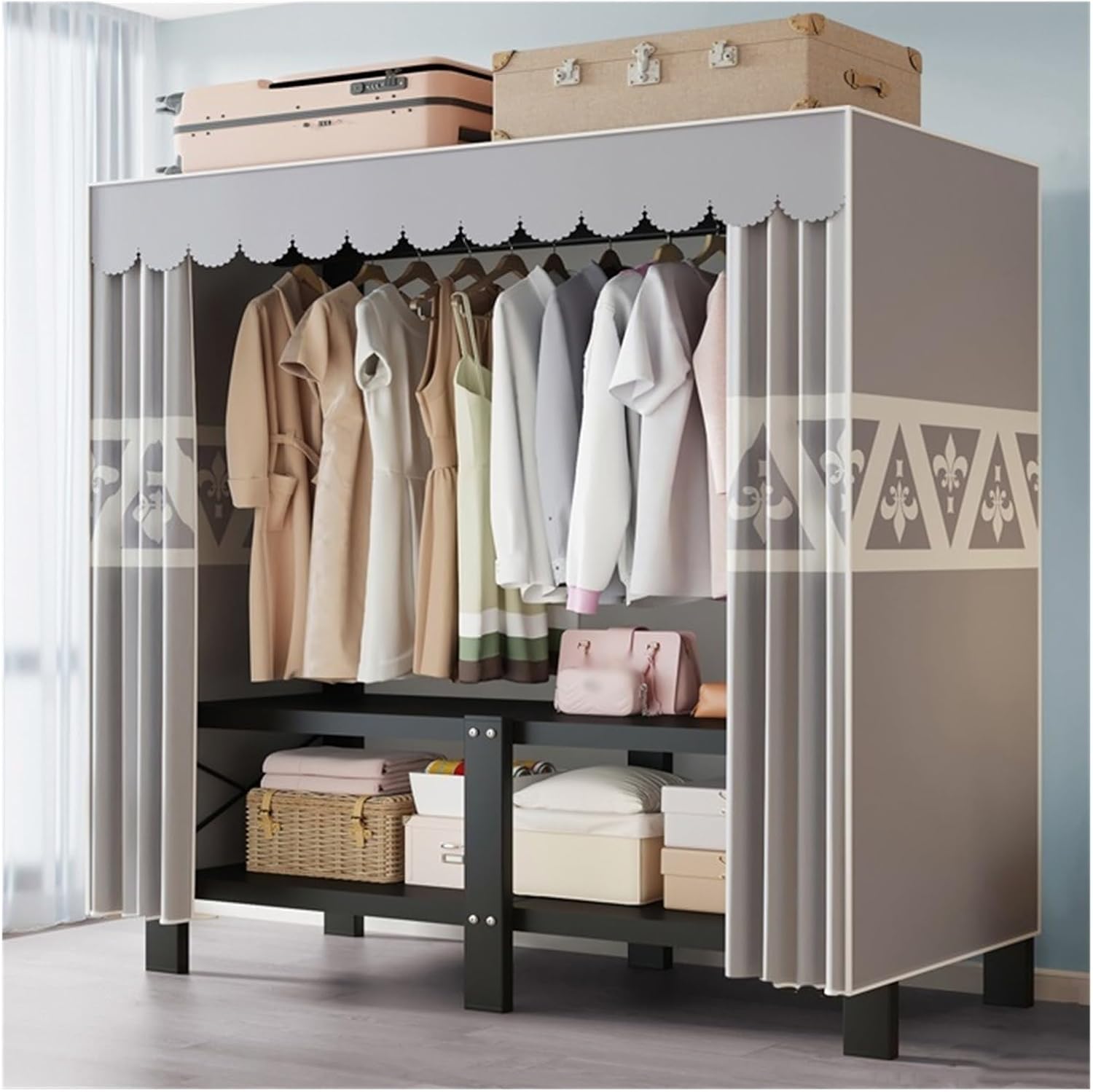 Portable Wardrobe Closet, Heavy Duty Clothing Rack With Cover, Metal Closet Rack With Hanging Rods, Garment Racks For Hanging Clothes, For Bedroom(Grey,148cm/58.3inch)