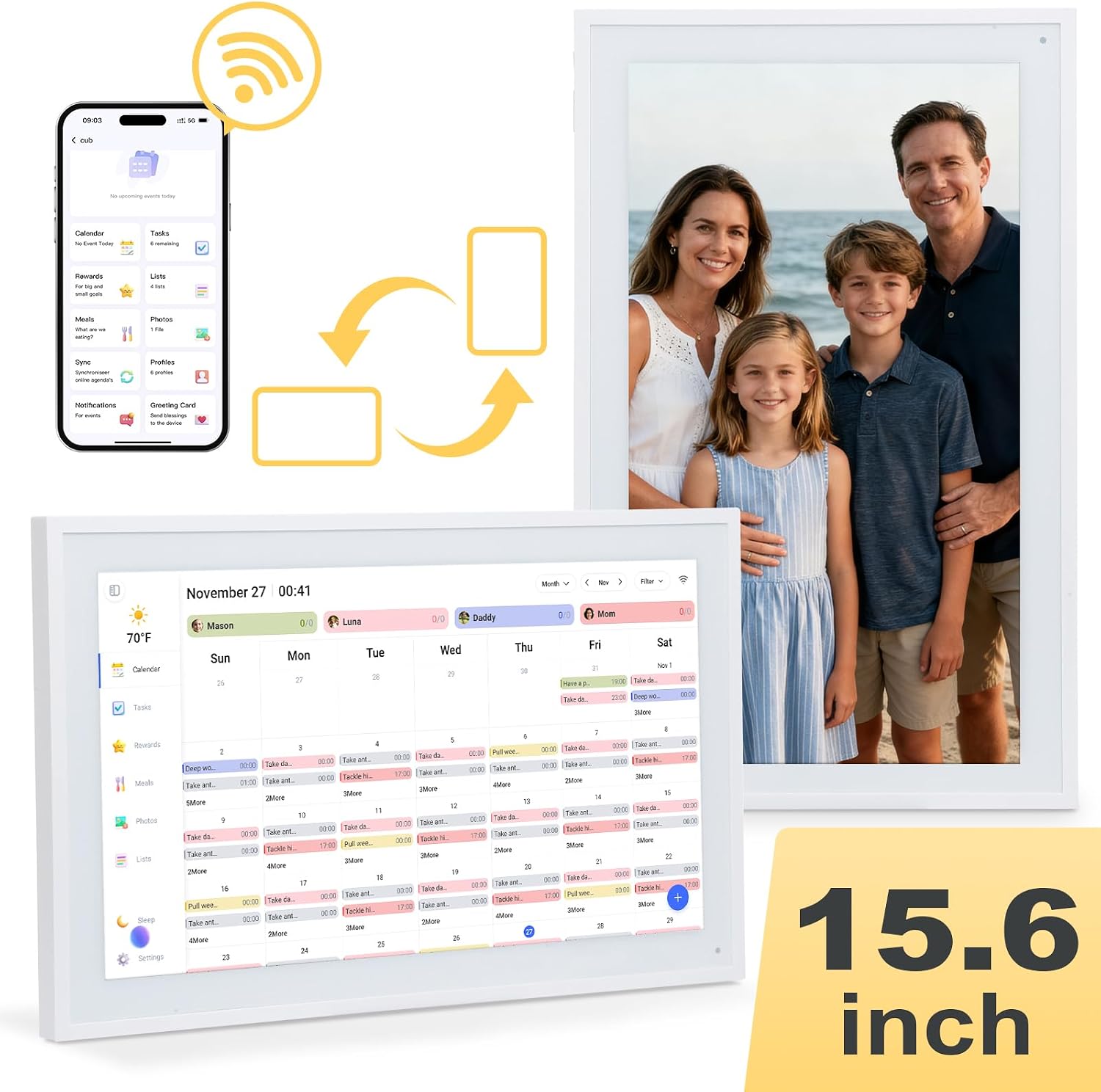 COMIX 15.6' Smart Digital Wall Calendar - WiFi Family Organizer with Sync Google/Outlook/Apple Calendar, Touchscreen Meal Planner & Chore Chart, Digital Photo Frame for Home & Office