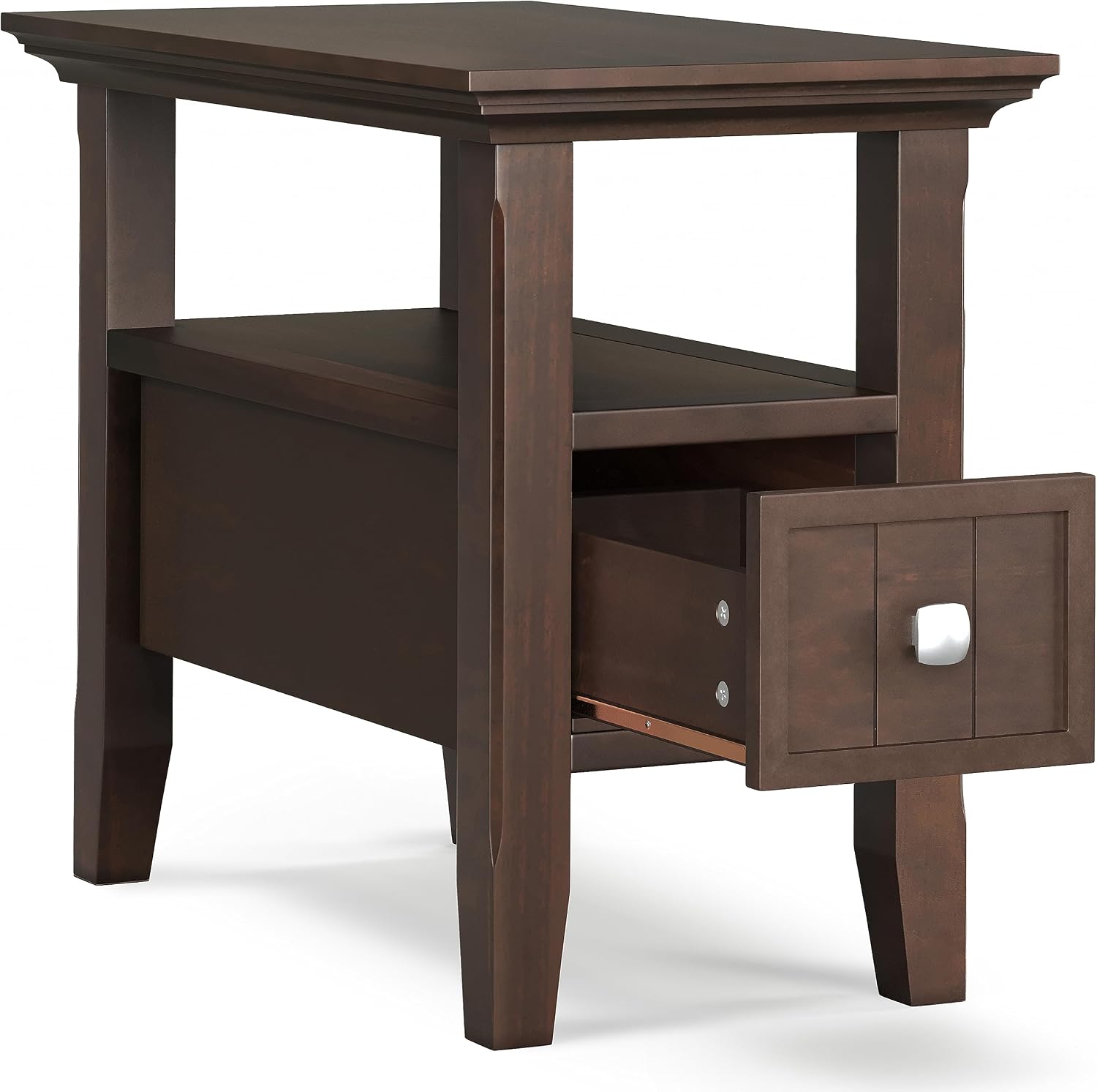 SIMPLIHOME Acadian Narrow Side Table - 14 inch Wide Solid Wood Rectangular End Table with Drawer and Open Shelf in Brunette Brown, Transitional Nightstand or Lamp Stand for Living Room or Bedroom