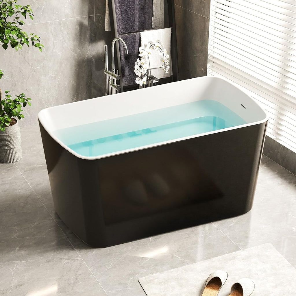 Zevemomo 49' Acrylic Freestanding Bathtub, Modern Deep Soaking Tub with Brushed Nickel Overflow and Drain, cUPC Certified Free Standing Tub, Black