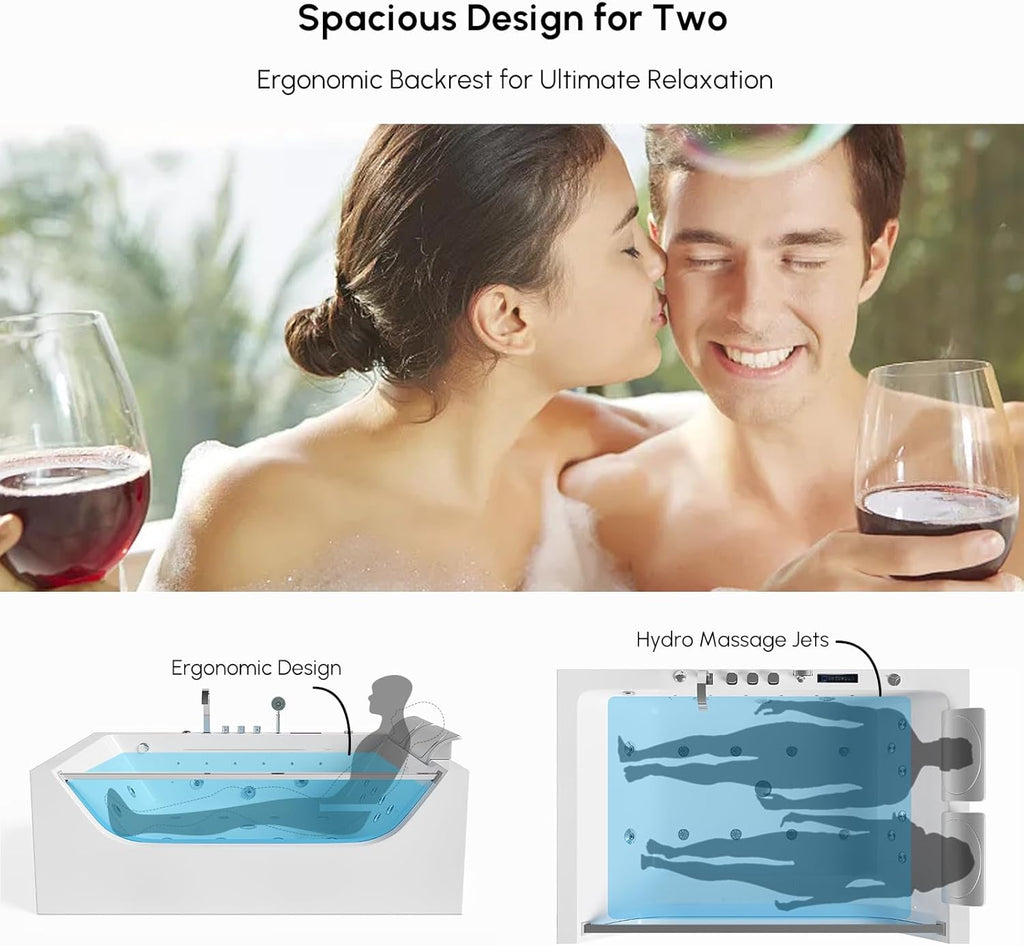 Homary 70.8' Whirlpool Bathtub with Thermostat Control, 2-Person Jetted Bathtub 3-Sided Apron Acrylic Soaking Tub with Jets, Lighted, Heater & Chromatherapy for Home Spa