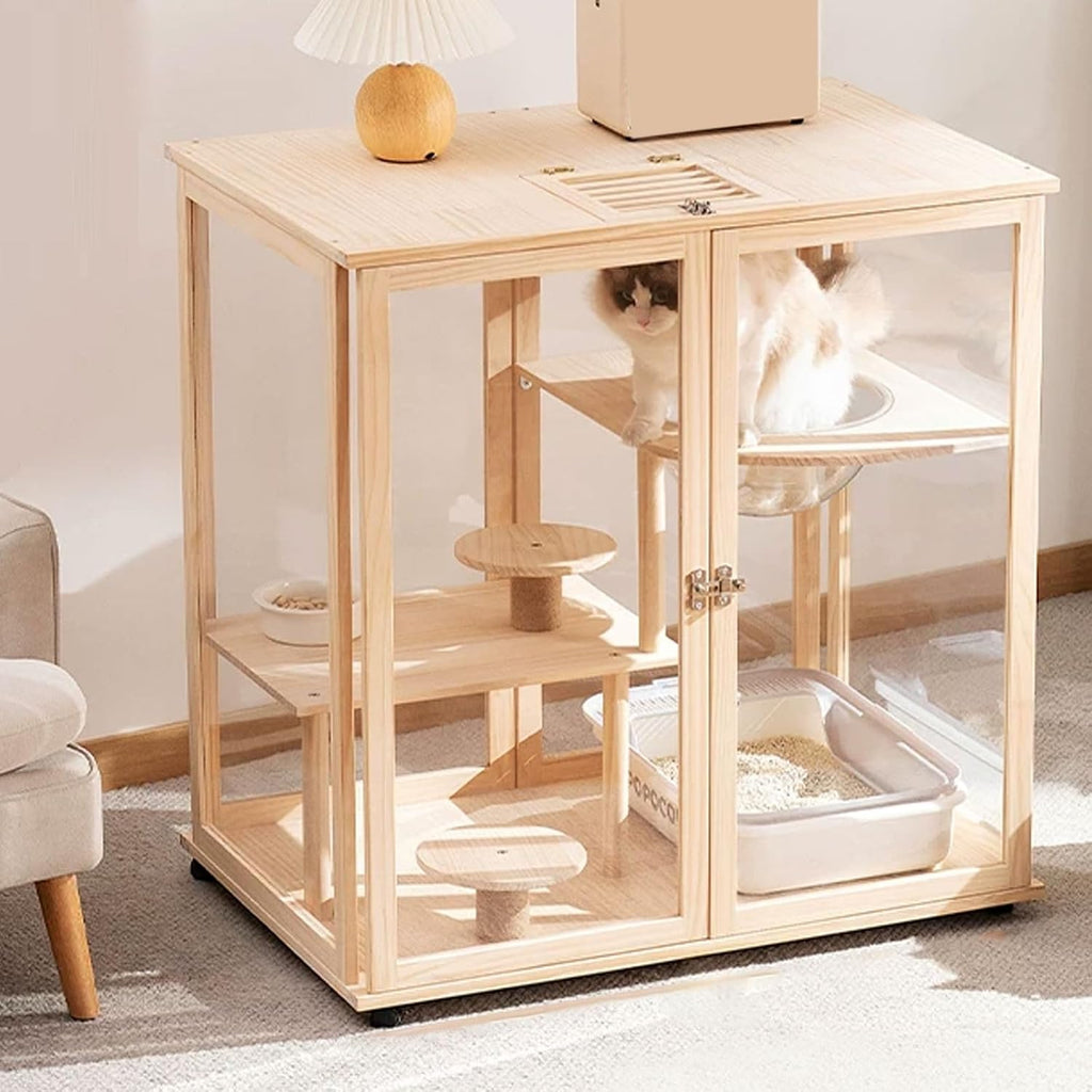 Cat Villa Wooden Cat Cage 4 Features Braked Casters and A Top Skylight Magnetic Cabinet Doors Suitable for 1-2 Cats Top Storage Space Cat Condo(90 * 60 * 95cm)