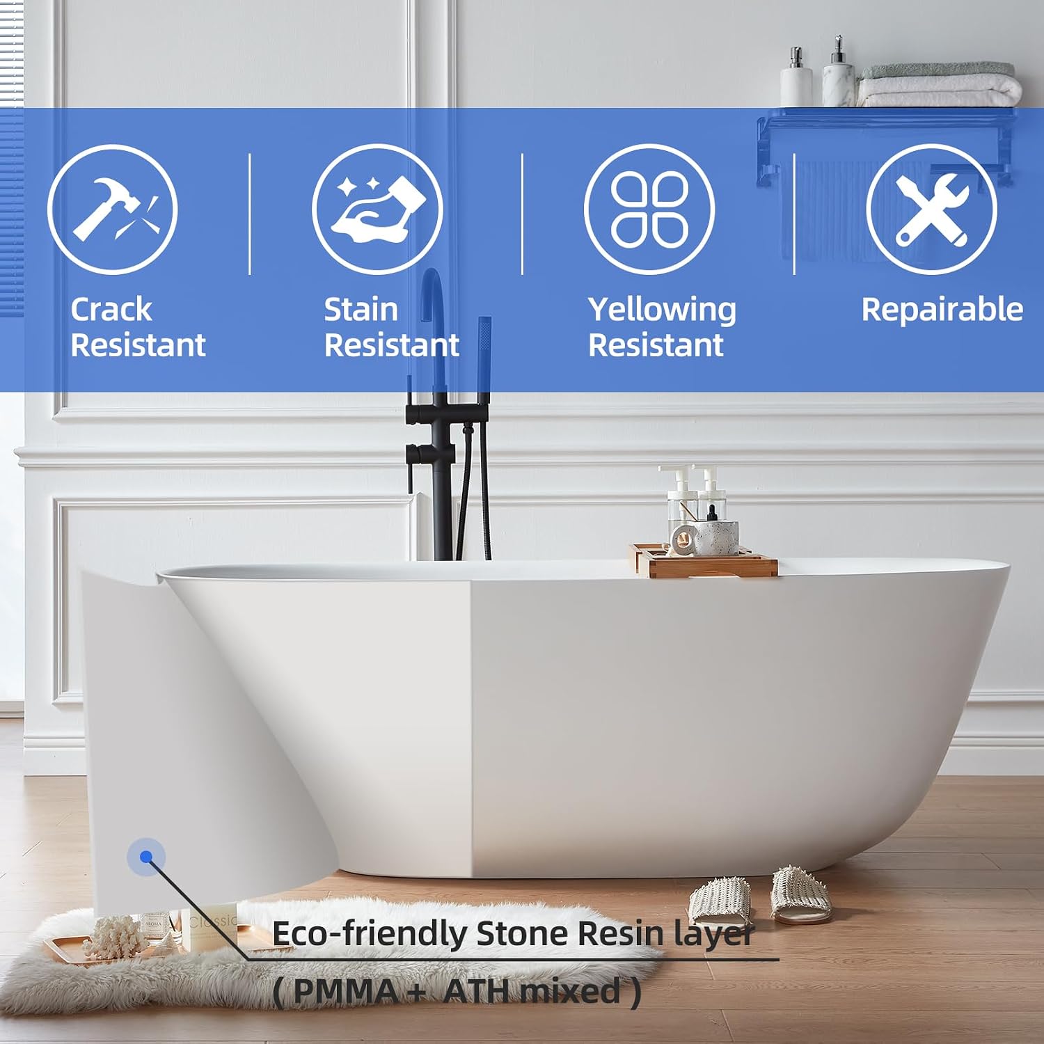 Cpingao 59' Solid Surface Freestanding Bathtub, Stone Resin Soaking Tubs, Stand Alone Tub with Pop-up Drain and Overflow, Matte White 8823A-1500