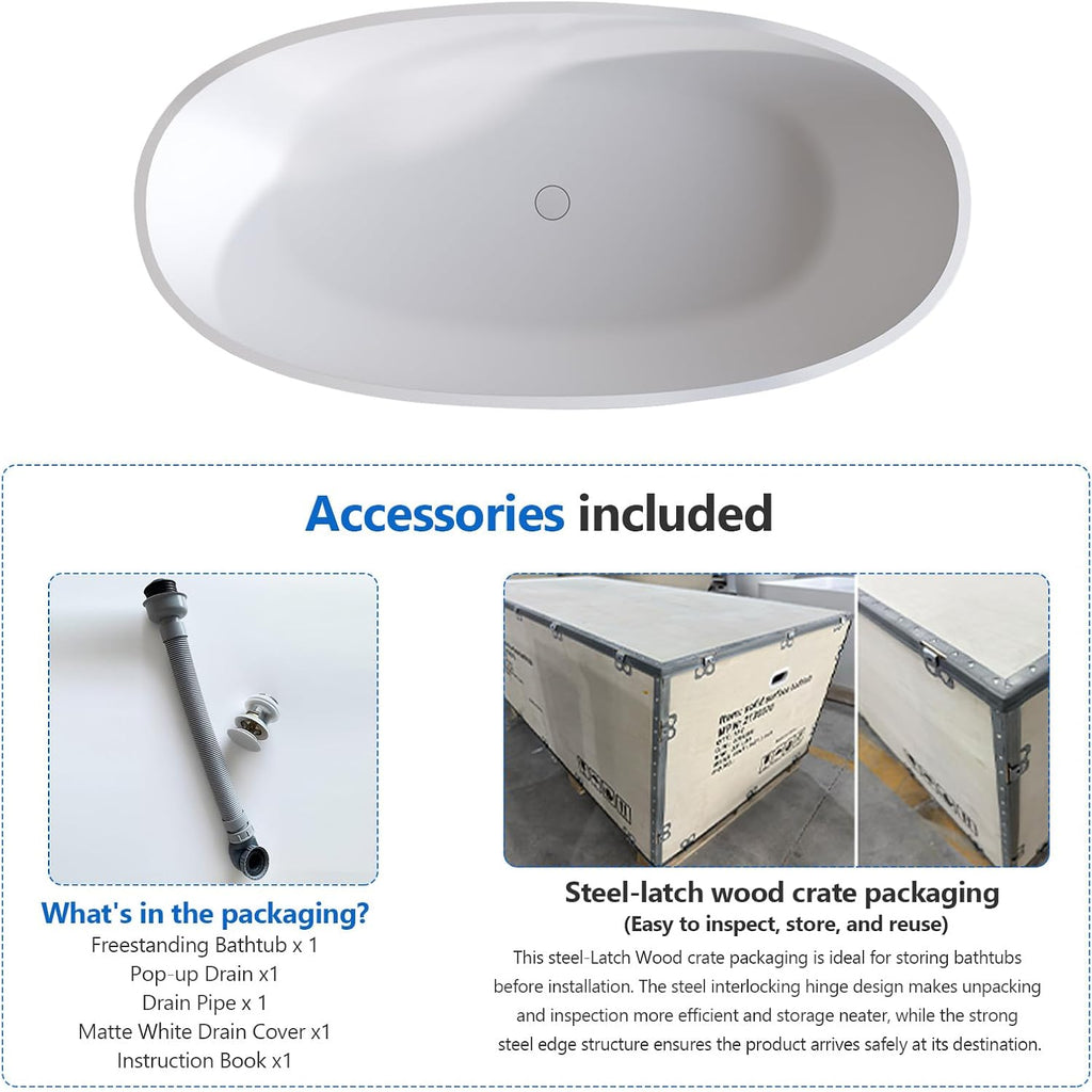 55″ Freestanding Solid Surface Bathtub, Oval Thick Edge Matte White Stone Resin Stand Alone Soaking Tub, Ergonomic Free standing Flatbottom Tubs with Overflow, Pop-up Drain (Matte White, 55')