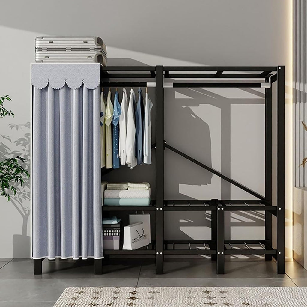 Portable Closet, Free Standing Clothing Rack with Shelf Foldable Design Garment Rack with Grey Cover Clothing Storage Rack for Bedroom Wardrobe, Heavy-duty Portable Closet Load 1100lb(76.8inch/195cmx1