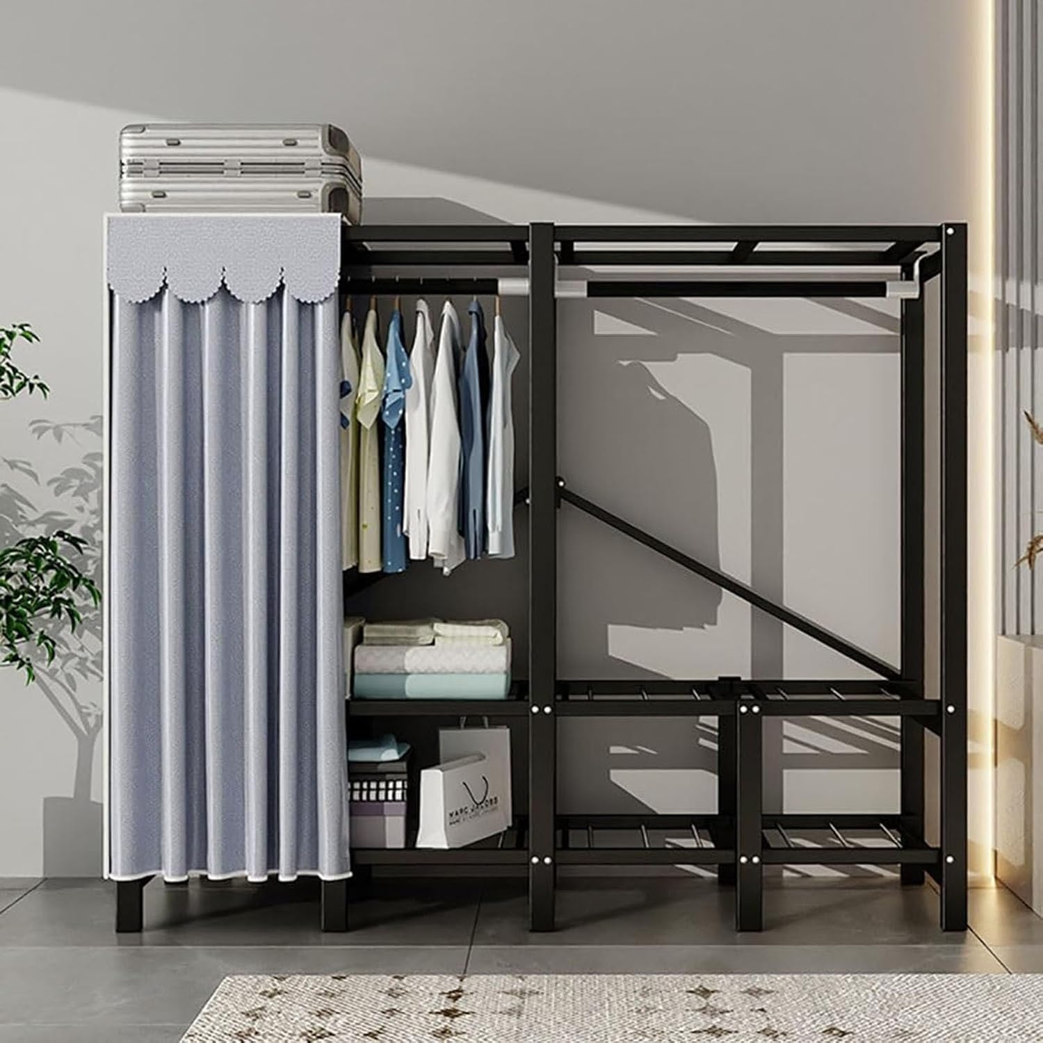 Portable Closet, Free Standing Clothing Rack with Shelf Foldable Design Garment Rack with Grey Cover Clothing Storage Rack for Bedroom Wardrobe, Heavy-duty Portable Closet Load 1100lb(66inch/168cmx19.