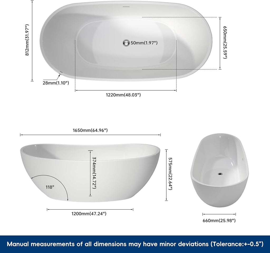 65' Acrylic Freestanding Bathtub, Stand Alone Tub, Soaking Tubs for Bathroom, Free Standing Tub with Integrated Overflow and Drain, cUPC Certified, Gloss White