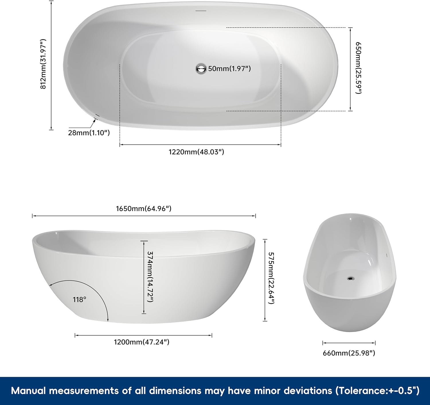 65' Acrylic Freestanding Bathtub, Stand Alone Tub, Soaking Tubs for Bathroom, Free Standing Tub with Integrated Overflow and Drain, cUPC Certified, Gloss White
