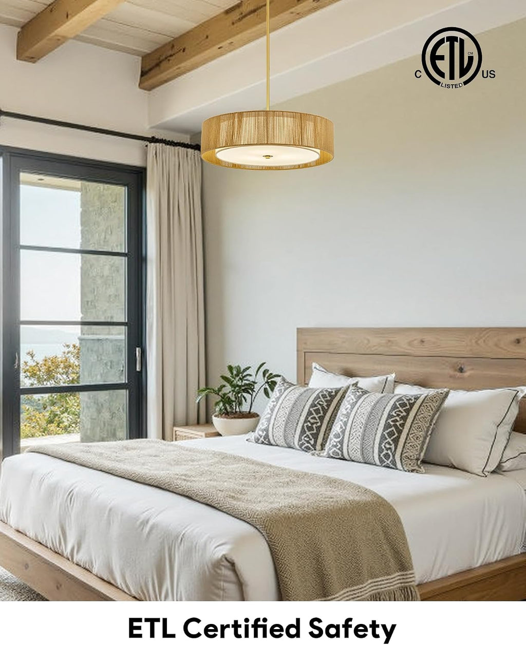 VONLUCE 20' Boho Rattan Chandelier, 4-Light Drum Chandelier with 2-Tier Woven Lampshade, Rattan Ceiling Light for Dining Room Bedroom Living Room with E26 Sockets, Gold Finish, ETL Certified