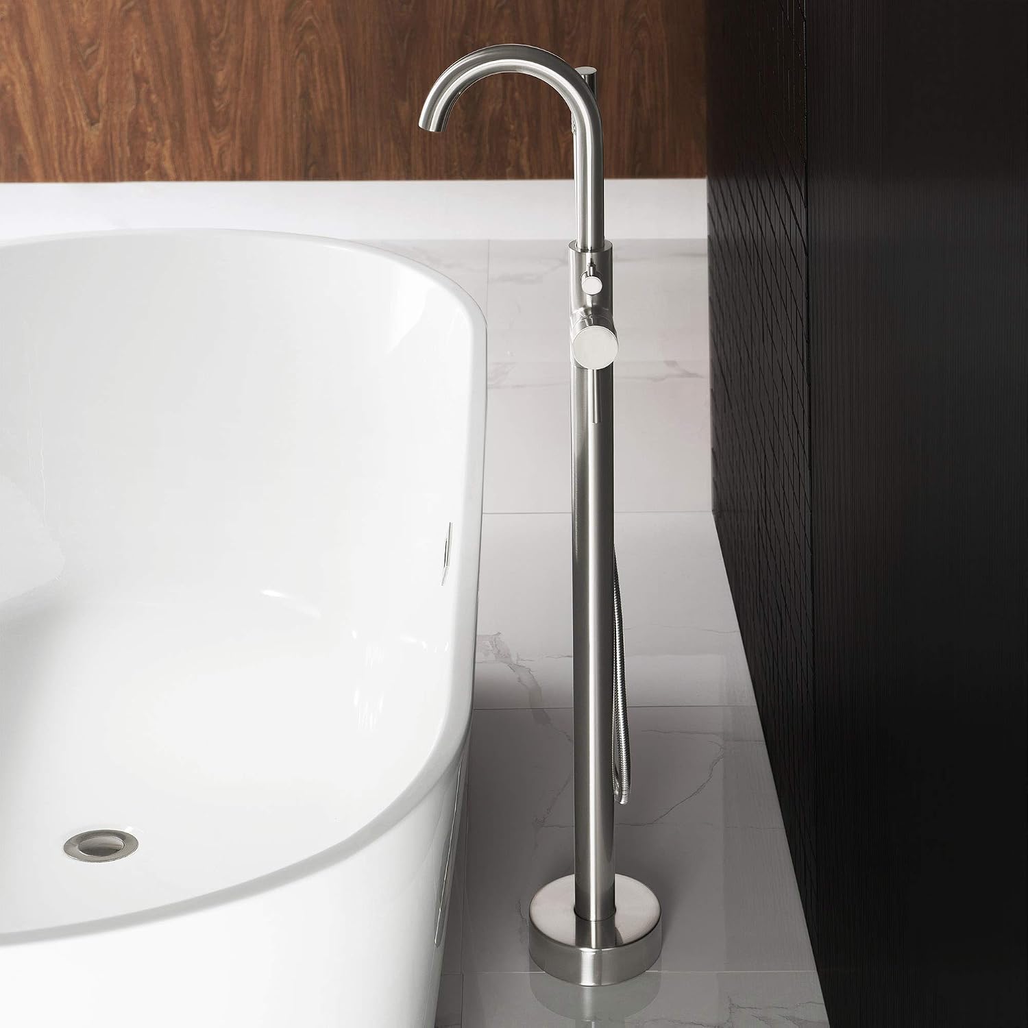 Woodbridge F0001 BN Freestanding Tub Filler Bathtub Brushed Nickel Floor Mount Brass Bathroom Faucets with Hand Shower