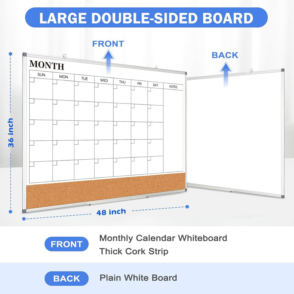 Large Monthly Dry Erase Calendar Whiteboard for Wall, 48' x 36' Double-Sided Big Calendar White Board Cork Board Combo, Aluminum Framed Month Planning Bulletin Board for Office, School, Home