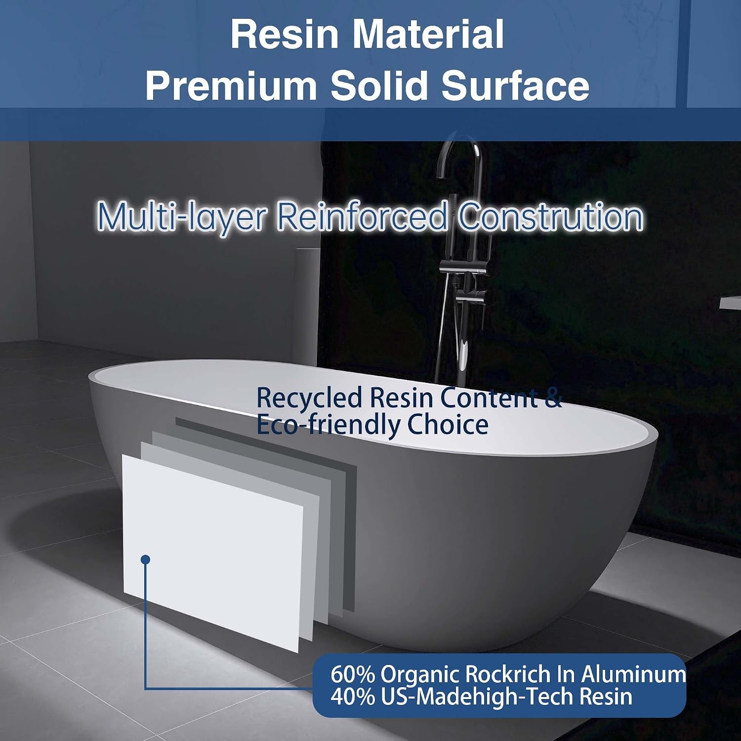 Oval 69' Freestanding Tub, Solid Surface Bathtub Matte White | Modern Stand Alone Bathtub, Stone Resin Free Stand, Contemporary Soaking Tub with Pop-Up Drain and Overflow