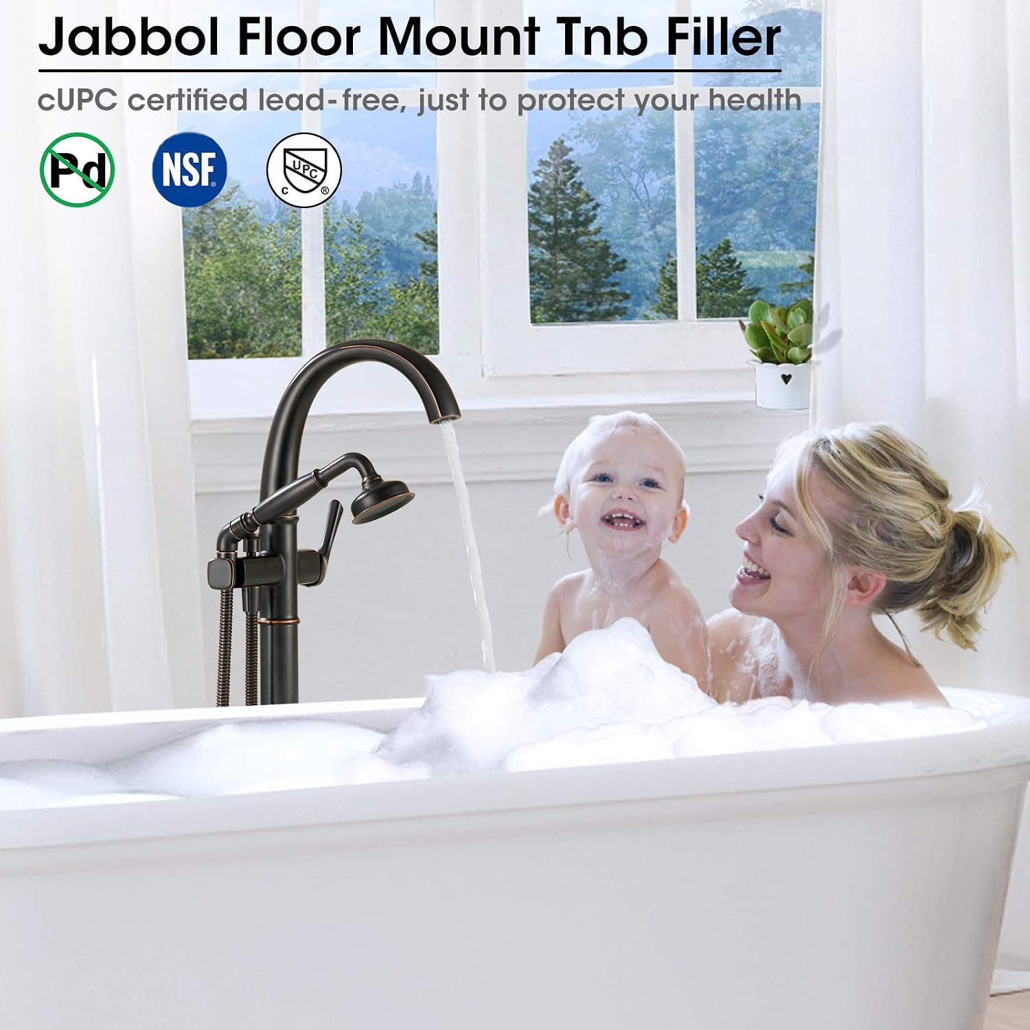 Free Standing Tub Faucet, Jabbol Premium Brass Luxury Freestanding Bathtub Faucet, Bathroom Floor Mount Tub Filler with Handheld Sprayer, Classic Roman Tub Faucets Oil Rubbed Bronze (JB-8811ORB)