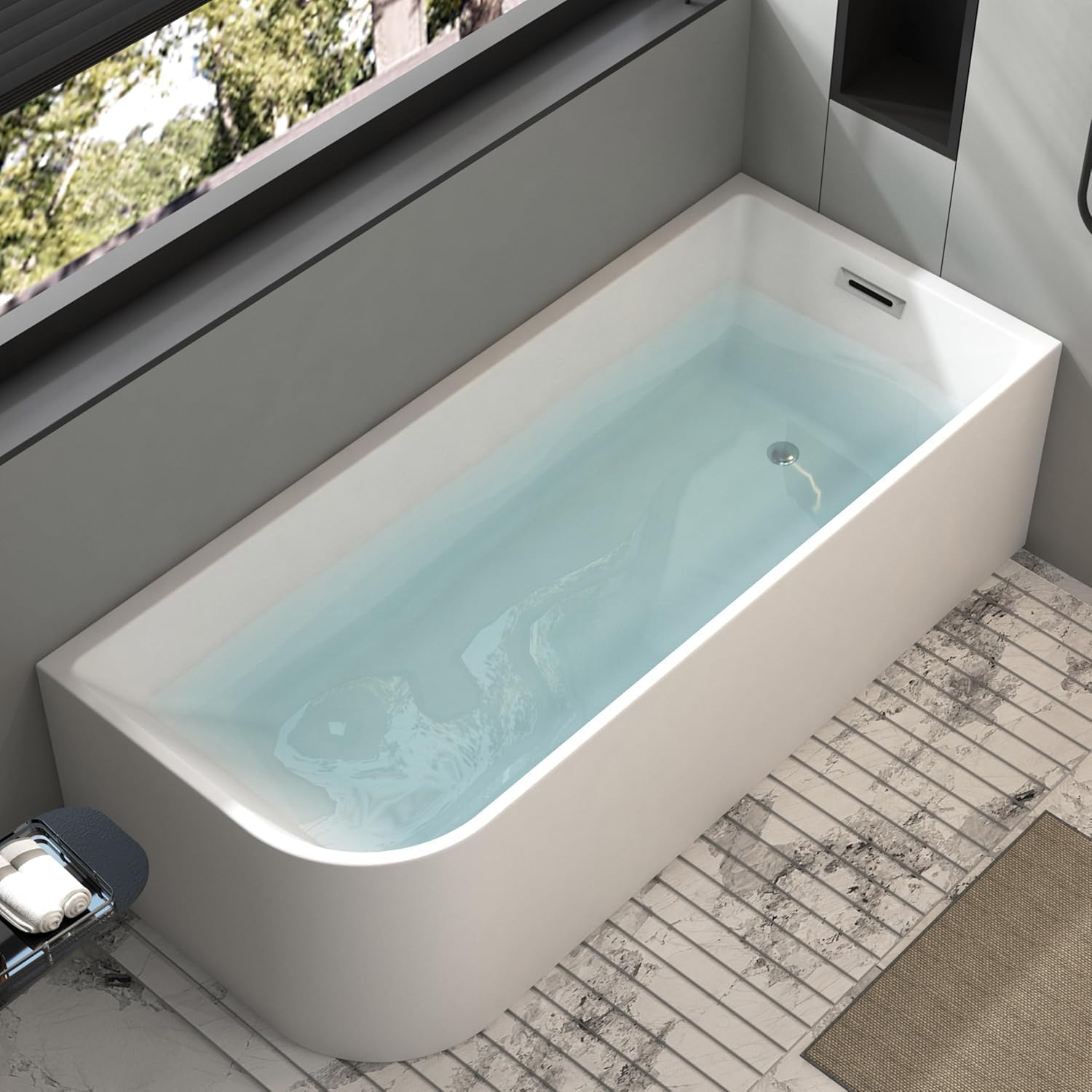 59 x 28 inch Corner Bathtub Right Drain, Modern Freestanding Soaking Tub, Deep Spa Stand Alone Acrylic Tubs with Right Hand Drain & Overflow, 59' L x 28-3/4' W, Glossy White,Sapce Saving