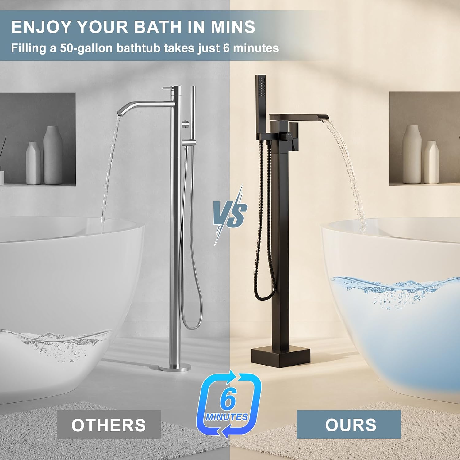 HAWKROWN Freestanding Bathtub Faucet, Floor Mount Bathtub Faucet with 2 Water Outlet Modes, Swivel Gooseneck Spout with Hand Shower,Single Handle, Max Flow Rate 7.4 GPM (Waterfall-Black)