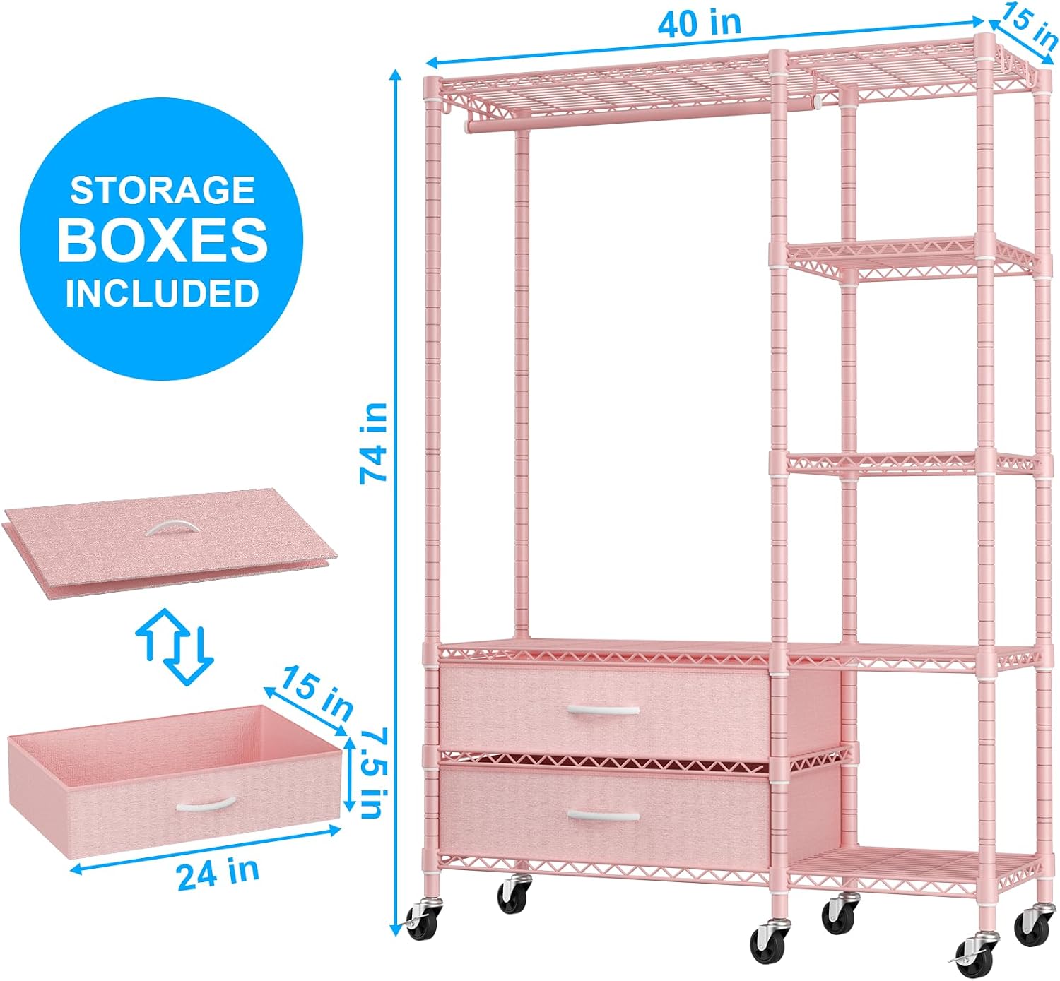 Ulif F3R Heavy Duty Clothes Rack（With Lockable Wheels）Freestanding Clothing Racks for Hanging Clothes，Adjustable Closet Organizer System，Portable Garment Rack 40'W x 15'D x 74'H，Max Load 700LBS，Pink
