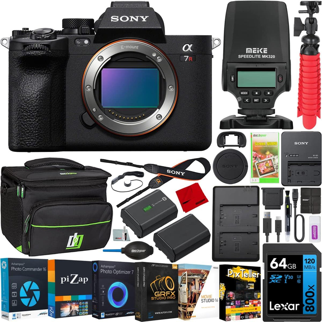 Sony a7R V Mirrorless Full Frame Interchangeable Lens Camera | Official Sony USA Partner Model | Body ILCE-7RM5 Bundle with Meike MK320 TTL HSS Flash Speedlite + Deco Gear Case + Battery & Charger Kit