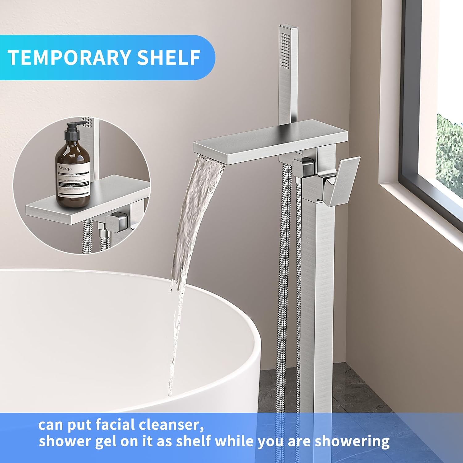 Freestanding Bathtub Faucet with Handheld Spray Single,High Flow Waterfall Bath Shower Faucet,Floor Mount Bathtub Faucet Swivel Flat Waterfall Spout Brushed Nickel