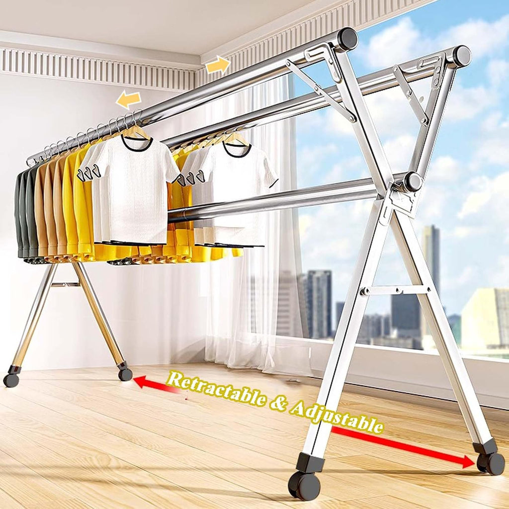 Clothes Drying Rack for Laundry, Stainless Steel Garment Rack, Foldable & Collapsible Laundry Drying Rack, Length Adjustable Space Saving Garment Rack, for Indoor Outdoor