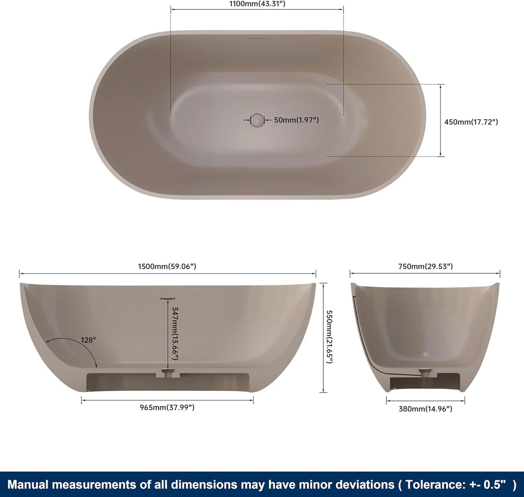 59' Freestanding Bathtub Tubs Resin Stone, Solid Surface Free Standing Tub, Oval Sorker Tub Bathtubs with Overflow and Pop up Drain, Brown