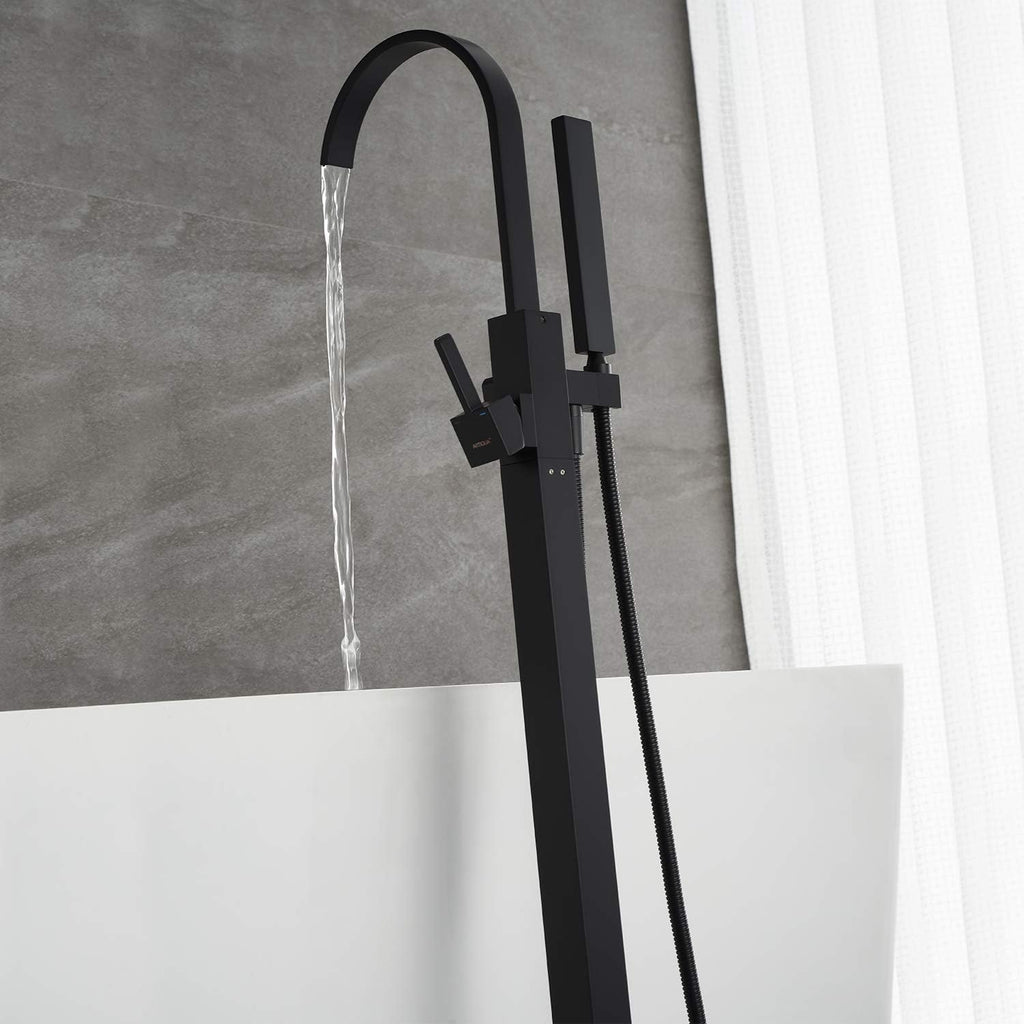 Freestanding Bathtub Faucet Tub Filler Black Floor Mount Single Handle with Hand Shower