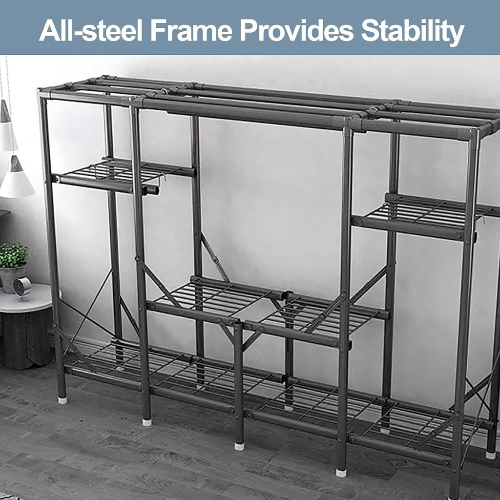 Portable Wardrobe Closet With Cover, Foldable Garment Rack With Hanging Rods, Metal Coat Storage Clothing Rack For Hanging Clothes, For Bedroom(Blue1,190cm/74.8inch)