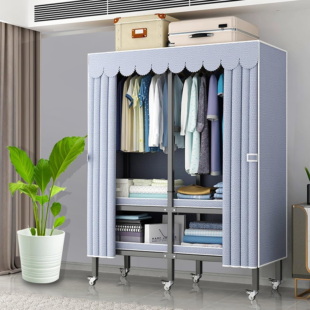 Heavy Duty Metal Mobile Clothes Drying Rack - Rolling Foldable Clothes Rack With Cover And Wheels/1500 Lbs Large Capacity Wardrobe Closet/Independent Clothing Organization System For Bedroom(Size:130*