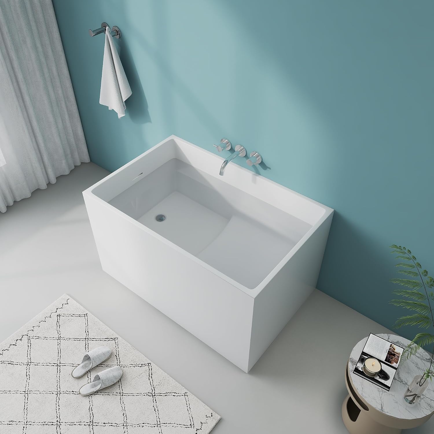 43.3' Free standing Bathtubs With Seat, Gloss White Acrylic Tub | Modern Freestanding Bathtub, Unique Soaking Tub with Overflow and Drain