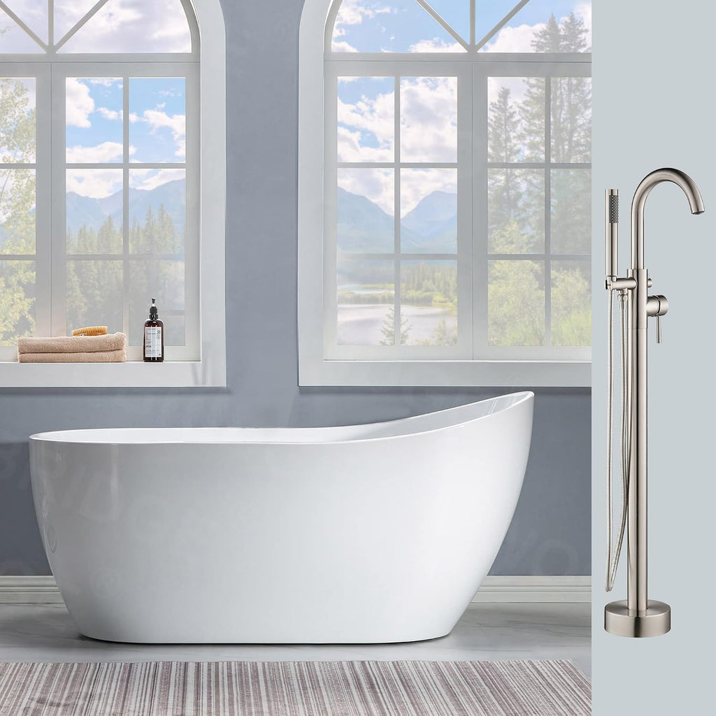 Woodbridge 59' Acrylic Freestanding Bathtub Contemporary Soaking Tub with Brushed Nickel Overflow and Drain BTA1530,With Brushed Nickel-Faucet F0001BN (BTA1530+ F-0001)
