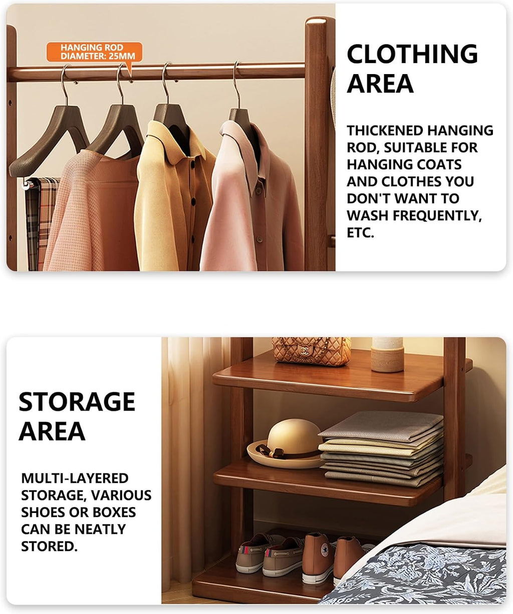 Solid Wood Coat Rack Stand with 3-Tier Shelves & 4 Hooks, Heavy Duty Freestanding Garment Rack for Entryway & Bedroom, Open Wardrobe Clothing Organizer, Walnut Finish(Walnut,31.5in)