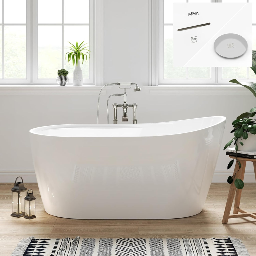 FerdY Lana'i 60' Freestanding Bathtub, Gracefully Shaped Freestanding Soaking tub, Glossy White, cUPC Certified, Polised Chrome Drain Assembly Included