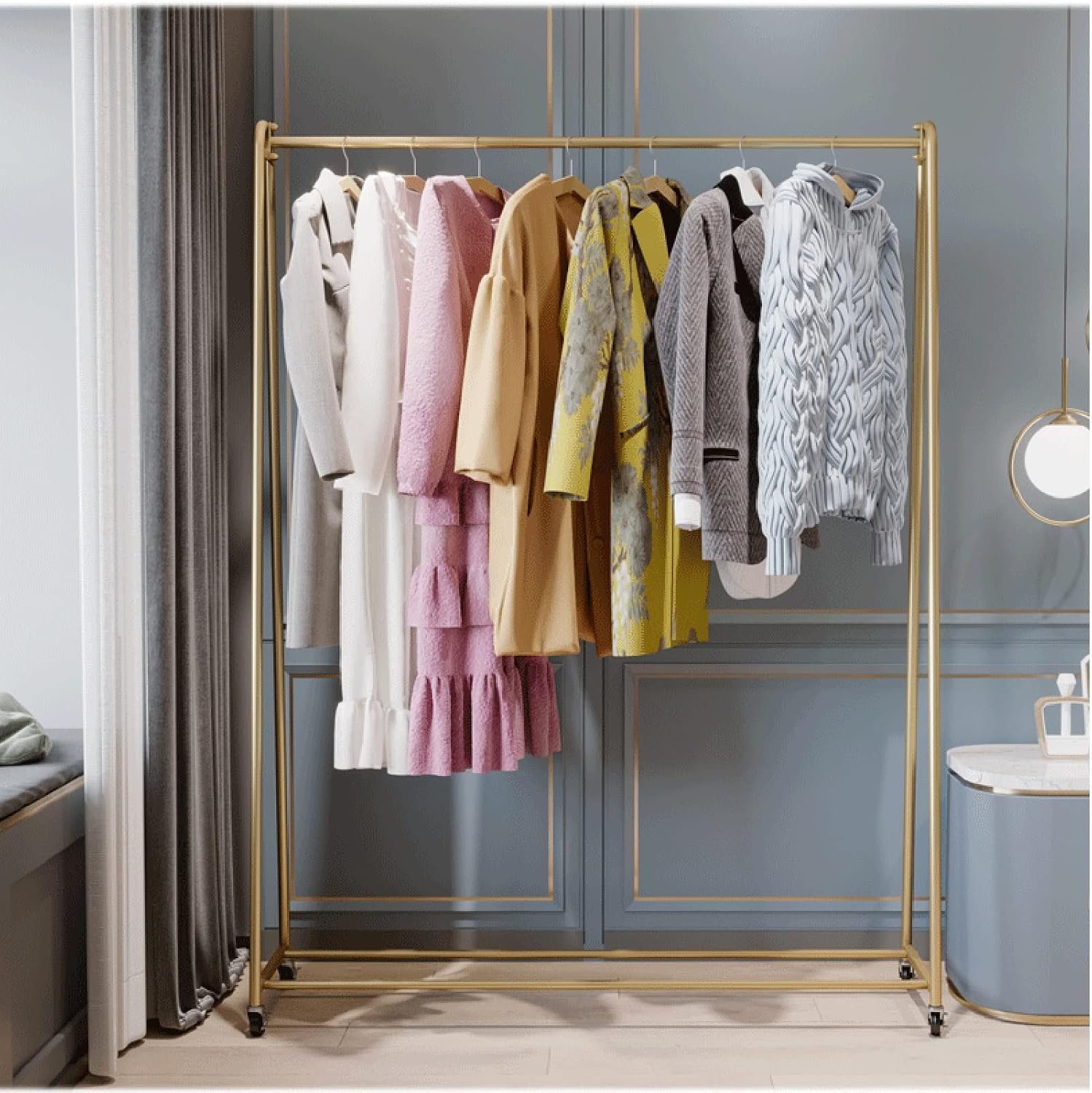 Coat Racks Clothes Rail Garment Rack with Wheels Heavy Duty Drying Rack Rolling Clothing Display Rack for Commercial or Residential,Gold-80X40X150Cm
