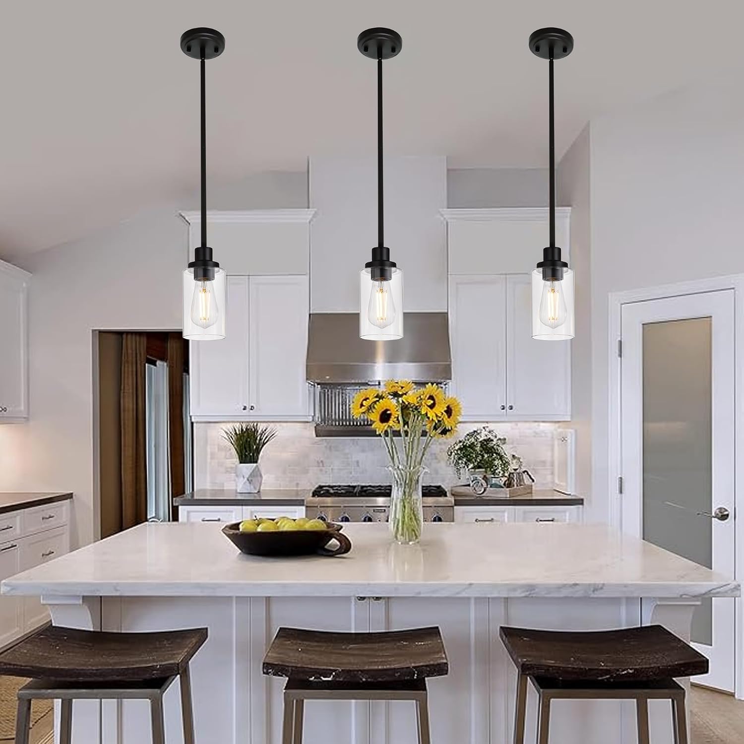 MELUCEE Kitchen Island Pendant Lighting 3 Pack Adjustable Black Hanging Ceiling Lamp with Clear Glass Shade for Bar Dining Room Corridor Living Room Bedside, 1-Light