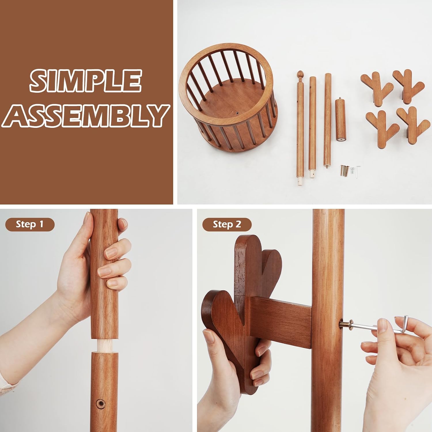 CozyDH Solid Wood Coat Rack Freestanding with Lockable 360° Rotary Casters, Coat Tree Stand with Umbrella Holder & Laundry Basket Storage & 12 Hooks, Walnut