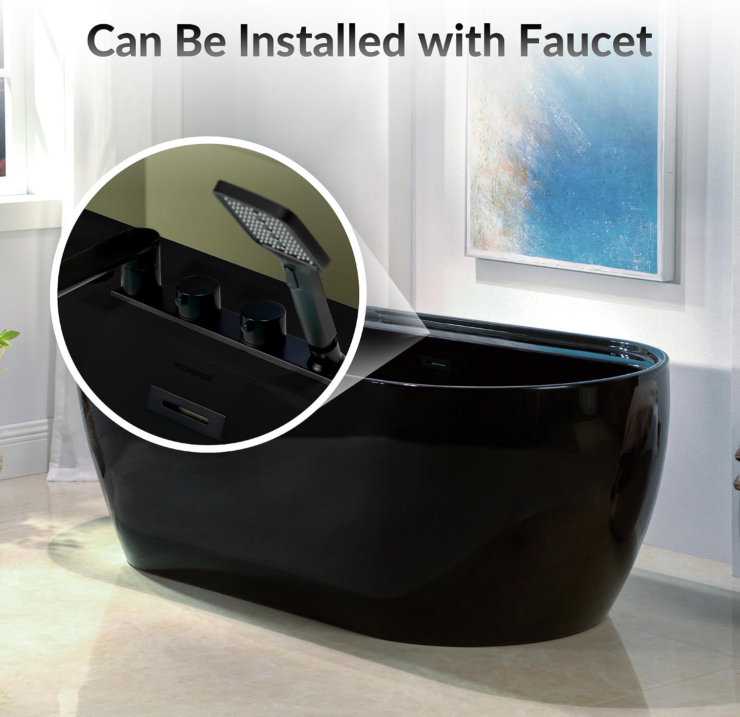 WOODBRIDGE 67' L x 31-1/2' W Freestanding Contemporary Acrylic Soaking Bathtub in Glossy Black Inside and Outside with Matte Black Drain & Overflow,B8863-MB