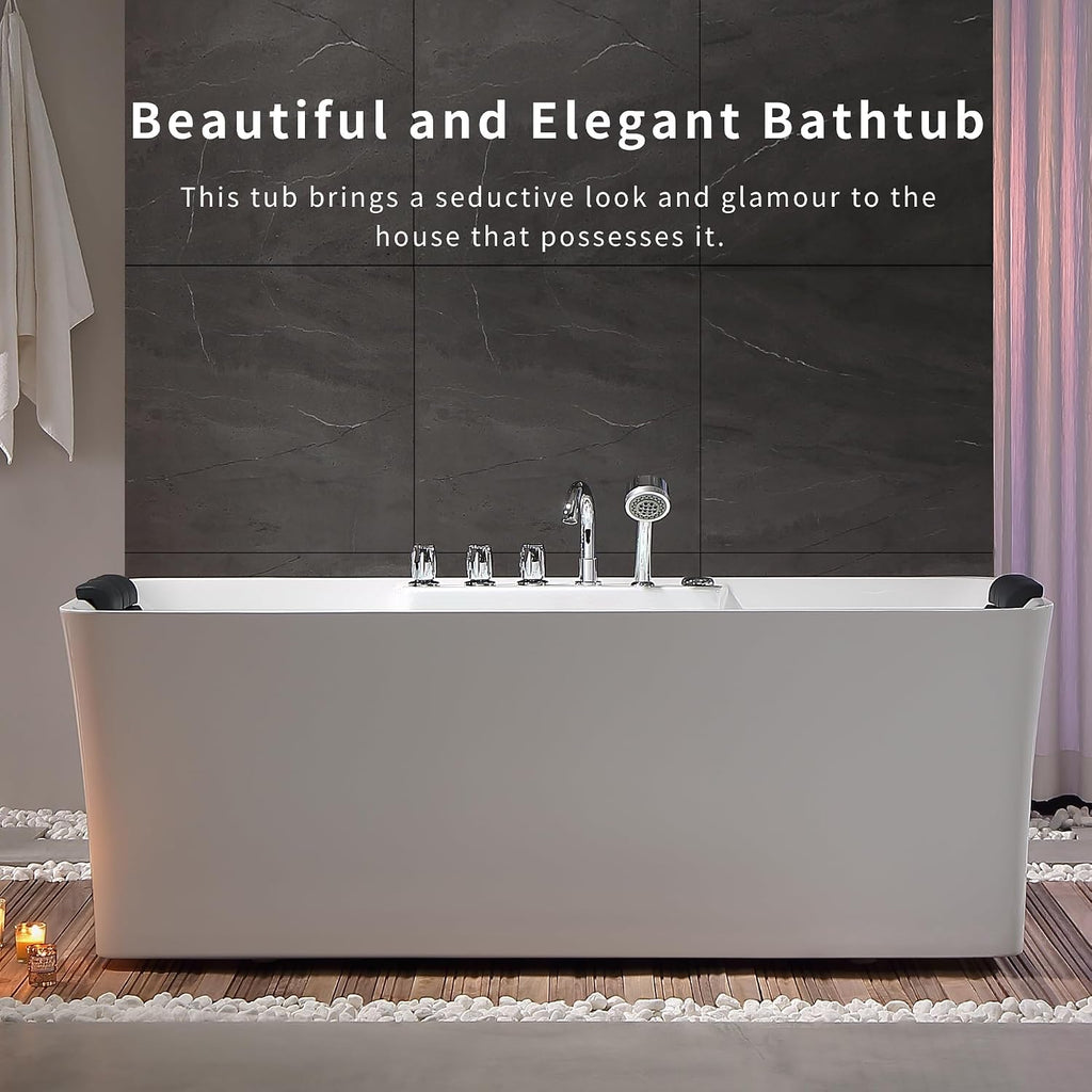 Empava 67-Inch Acrylic Freestanding Whirlpool Bathtub Gracefully Rectangular Shaped with 8 Water Jets Soaking SPA, Double-Ended Massage Bathtubs with Two Black Pillows, ETL Certified, White
