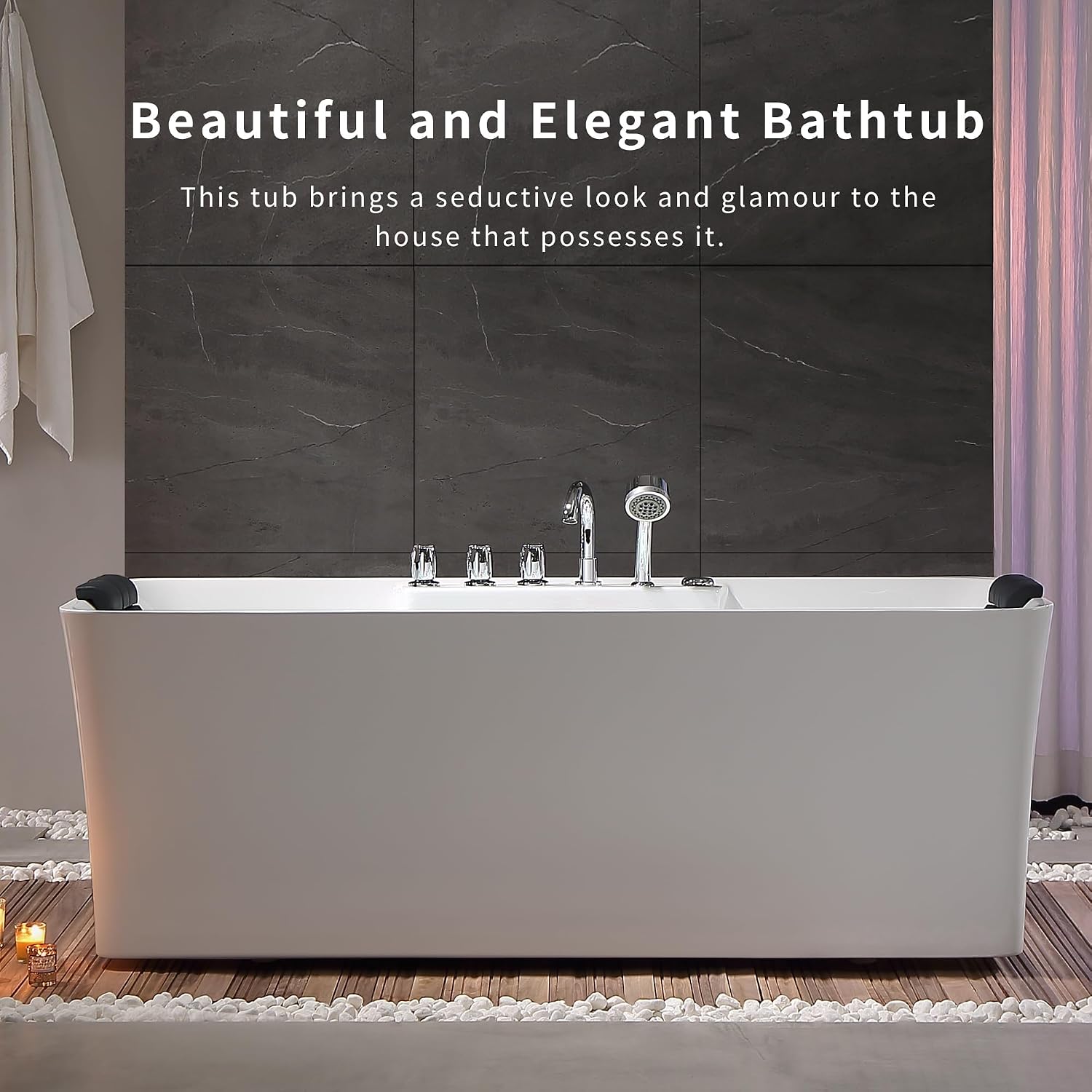 Empava 67-Inch Acrylic Freestanding Whirlpool Bathtub Gracefully Rectangular Shaped with 8 Water Jets Soaking SPA, Double-Ended Massage Bathtubs with Two Black Pillows, ETL Certified, White