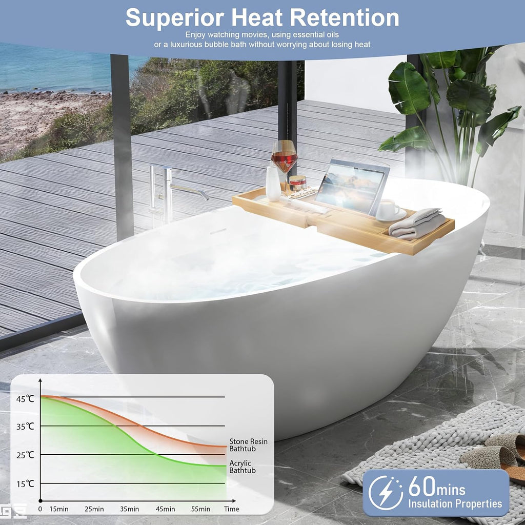Zevemomo 65 Inch Stone Resin Freestanding Bathtub, Modern Oval Soaking Bathtubs Tubs, Contemporary Solid Surface Bathtubs with Overflow and Pop-up Drain, Matte White