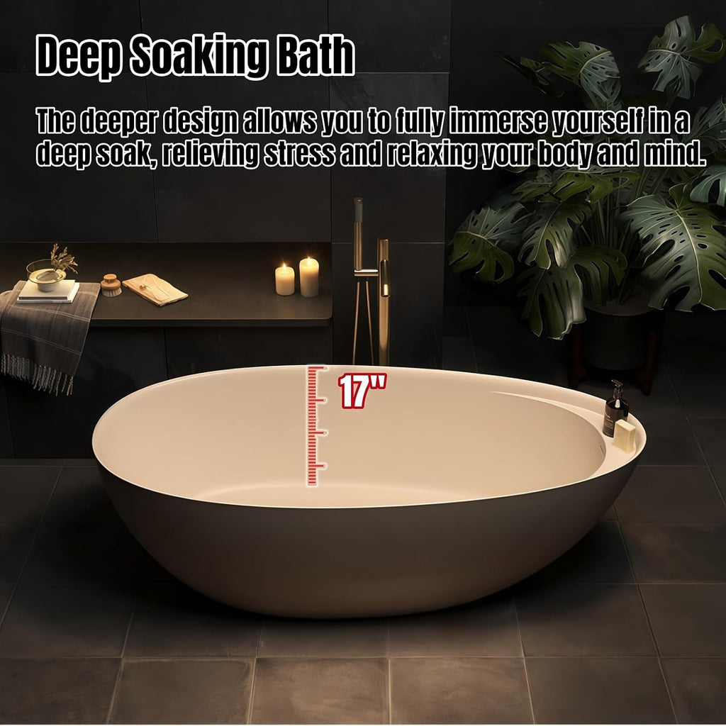 Freestanding Bathtub - Oval Solid Surface Bathtub, Ergonomic Soaker Tub, Modern Extra Deep Stand Alone Tub, with Drain, Suitable for Apartments, Villas, Hotels (Beige, 60')