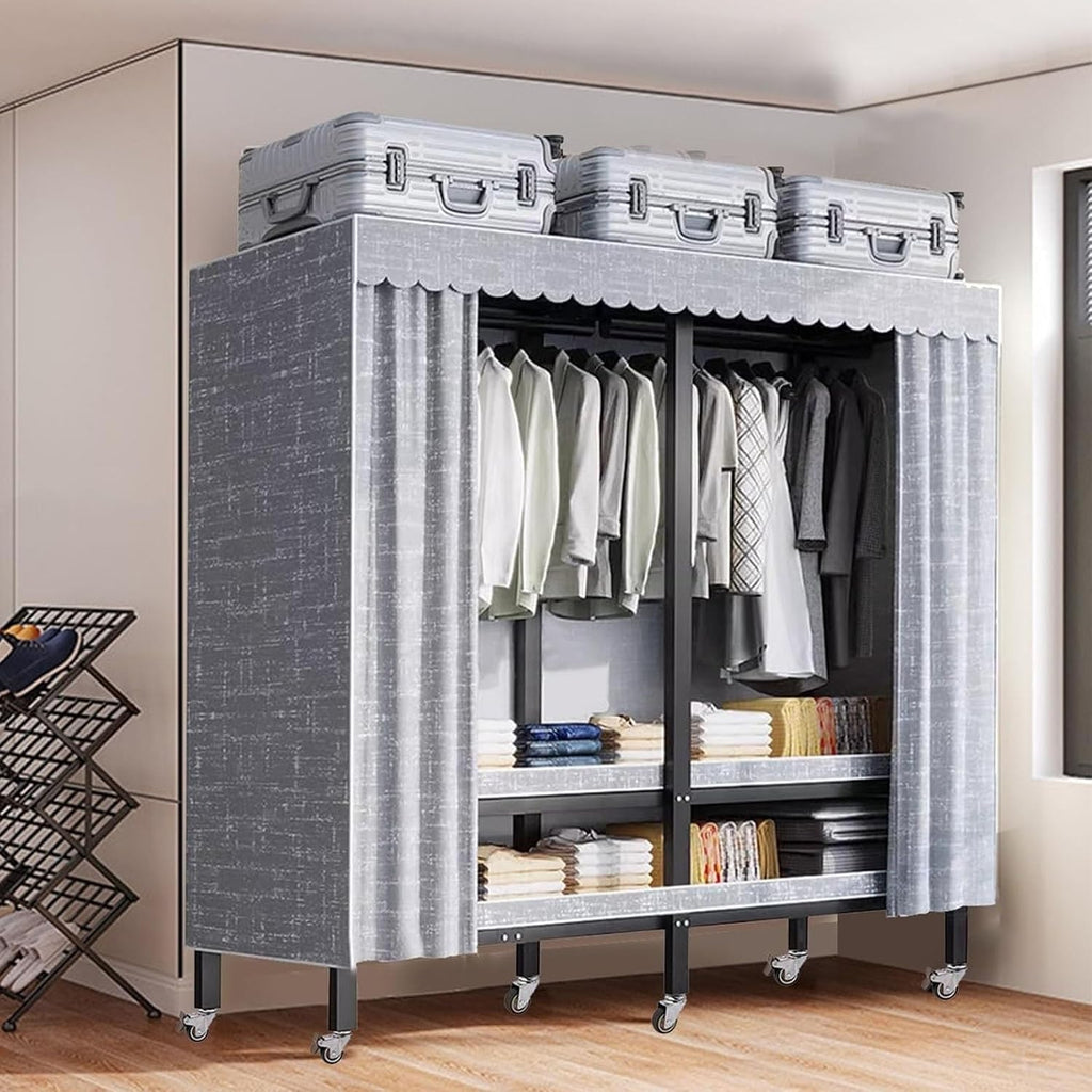 Metal Mobile Clothes Drying Rack - Fabric Wardrobe Closet, With Cover And Wheels Collapsible Clothes Rack, Heavy Duty Portable Wardrobe Closet, For Hanging Clothes Coat Storage Organizer(Size:125*52*1