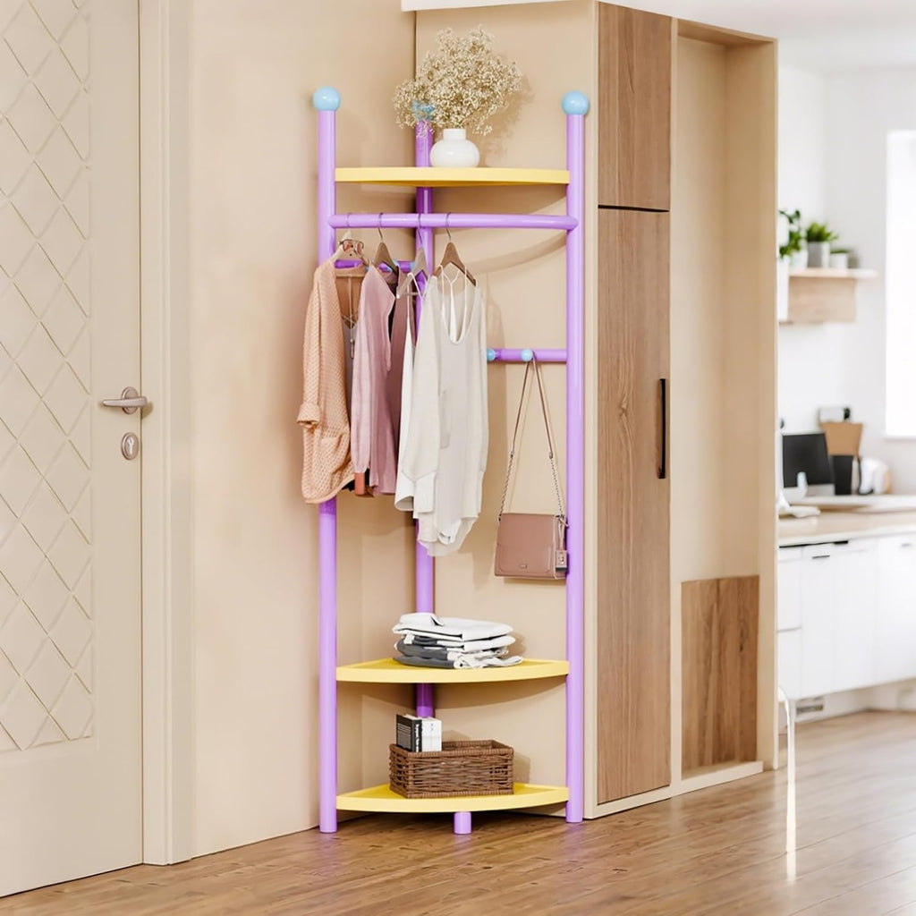 Corner Coat Rack, Corner Hall Tree with 3 Tier Shelves, Metal Clothes Rack, Freestanding Garment Racks for Bedroom, Living Room, Entryway(Purple)