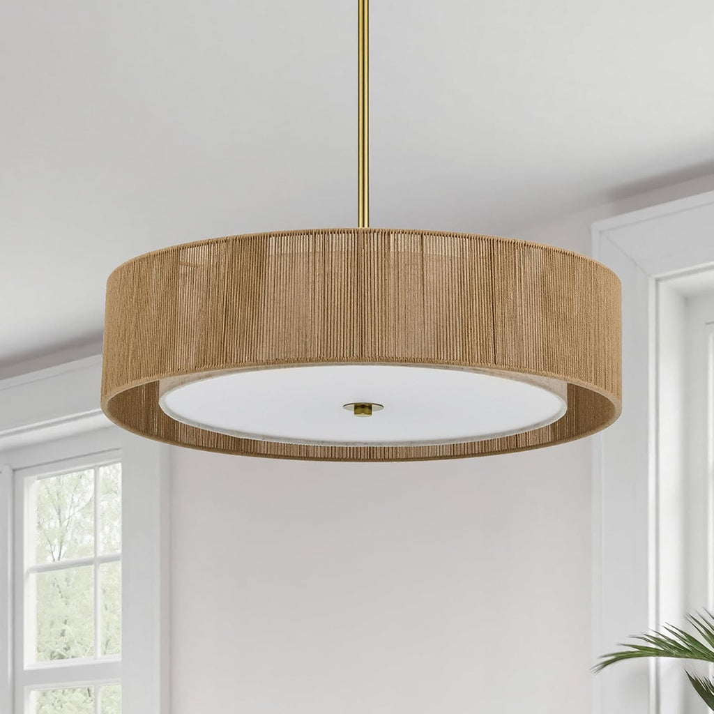VONLUCE 20' Boho Rattan Chandelier, 4-Light Drum Chandelier with 2-Tier Woven Lampshade, Rattan Ceiling Light for Dining Room Bedroom Living Room with E26 Sockets, Gold Finish, ETL Certified