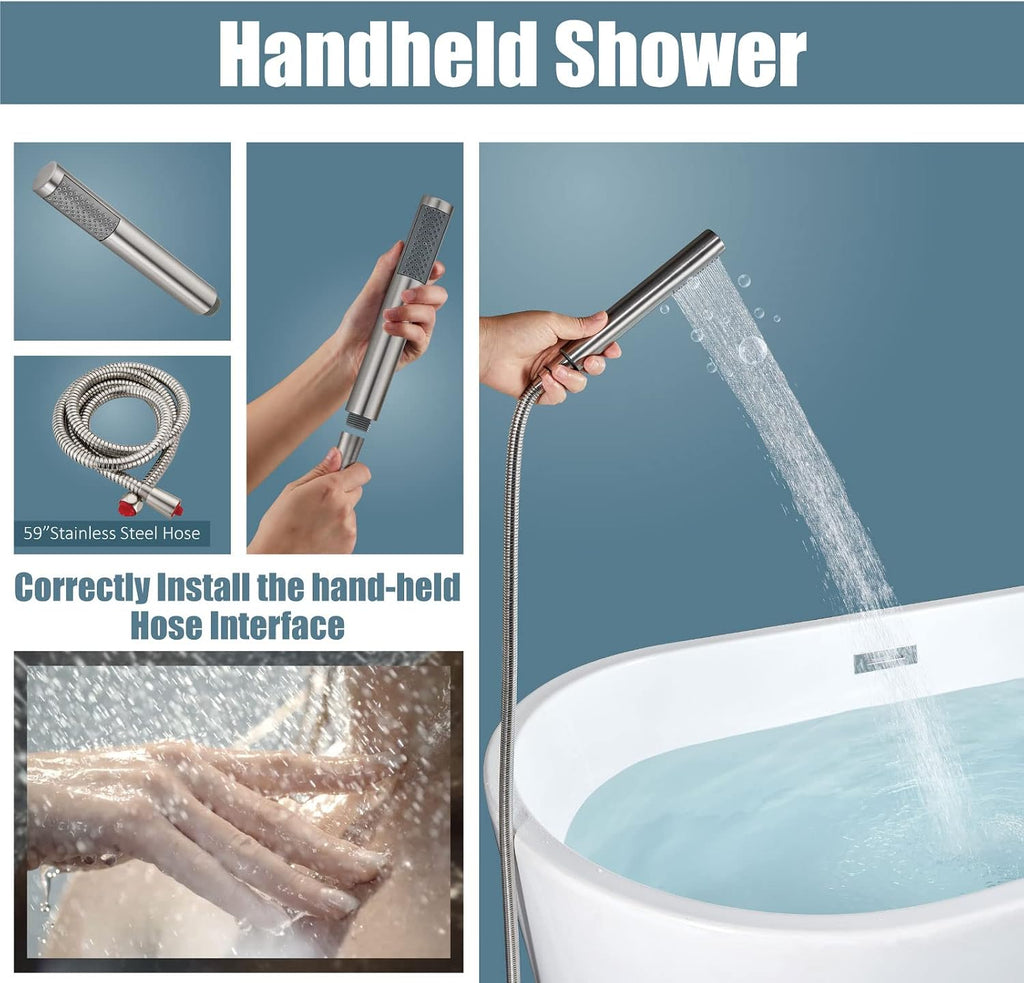 Aolemi Floor Mount Bathtub Faucet Freestanding Tub Filler Standing High Flow Shower Faucets Shower Mixer Taps, Swivel Gooseneck Spout with Cylinder Handheld Brushed Nickel