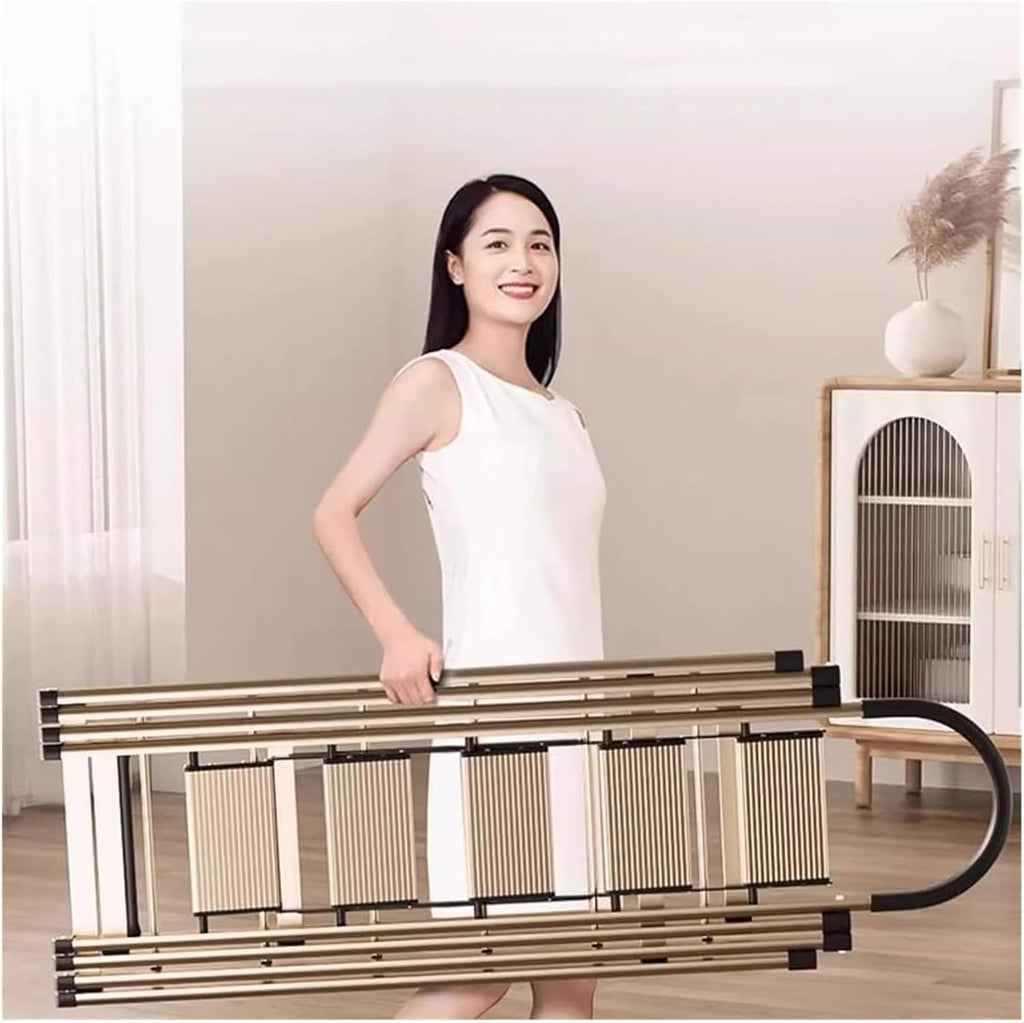 Foldable Drying Racks Garment Racks Free Standing Clothes Rack with Ladder Stretchable Metal Clothing Rack with Double Rod and Tool Tray for Dorm Bedroom Home Balcony(Gold)