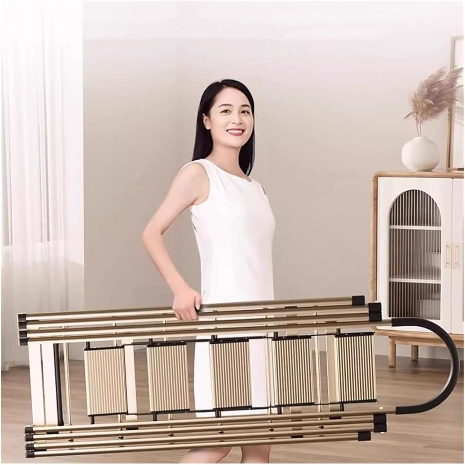 Foldable Drying Racks Garment Racks Free Standing Clothes Rack with Ladder Stretchable Metal Clothing Rack with Double Rod and Tool Tray for Dorm Bedroom Home Balcony(Gold)
