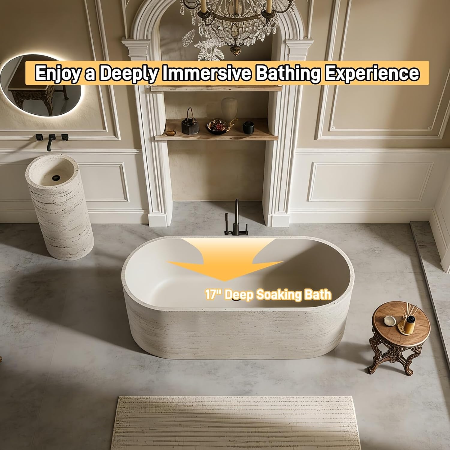 65' Edeyeu Freestanding Bathtub - Solid Surface Soaking Tub, Luxury Deep Soaker Tub, Modern Free Standing Bathtub for Ultimate Relaxation in Spas, Villas & Homes, Beige